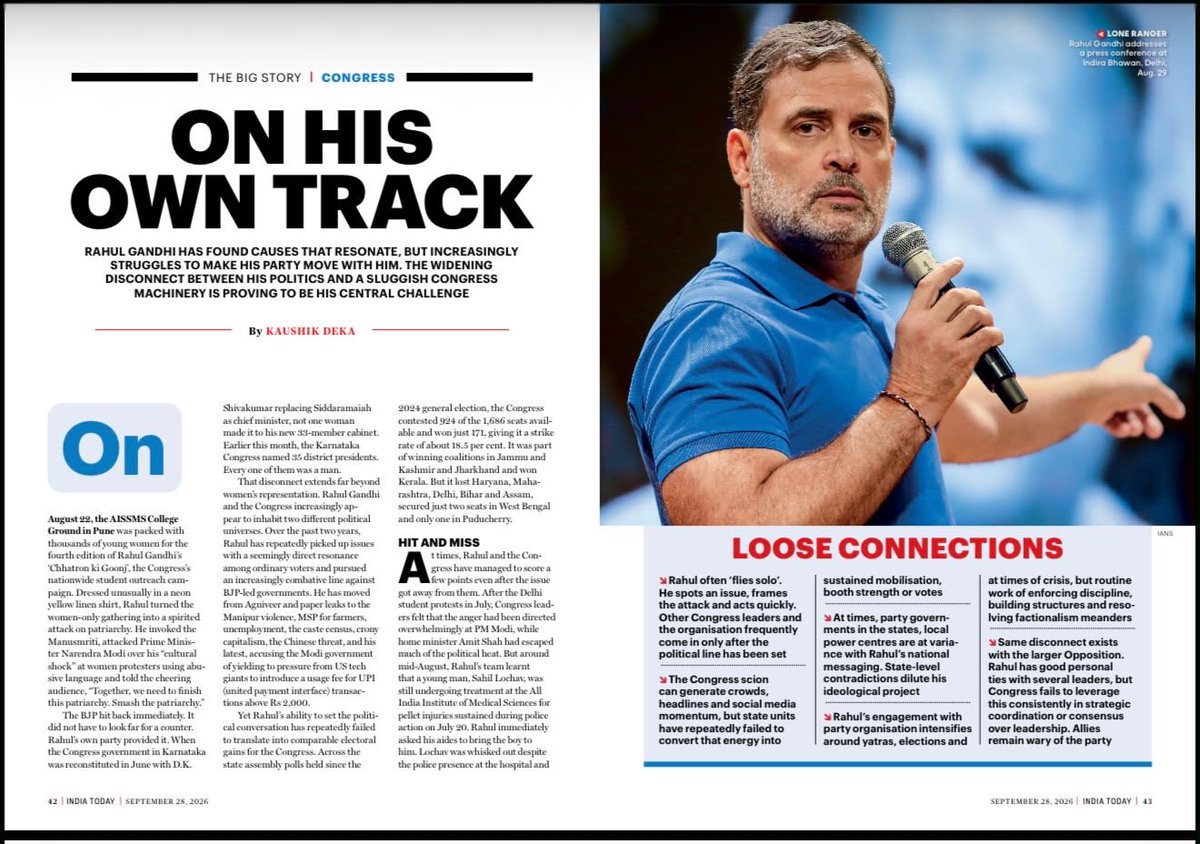 sardesairajdeep's tweet photo. Interesting story in India Today magazine : Rahul Gandhi taking up causes that are resonating but party lagging behind. Rahul UP, Cong party DOWN: why? @kaushikdeka story is a good read. https://t.co/u9YdpVQ04P