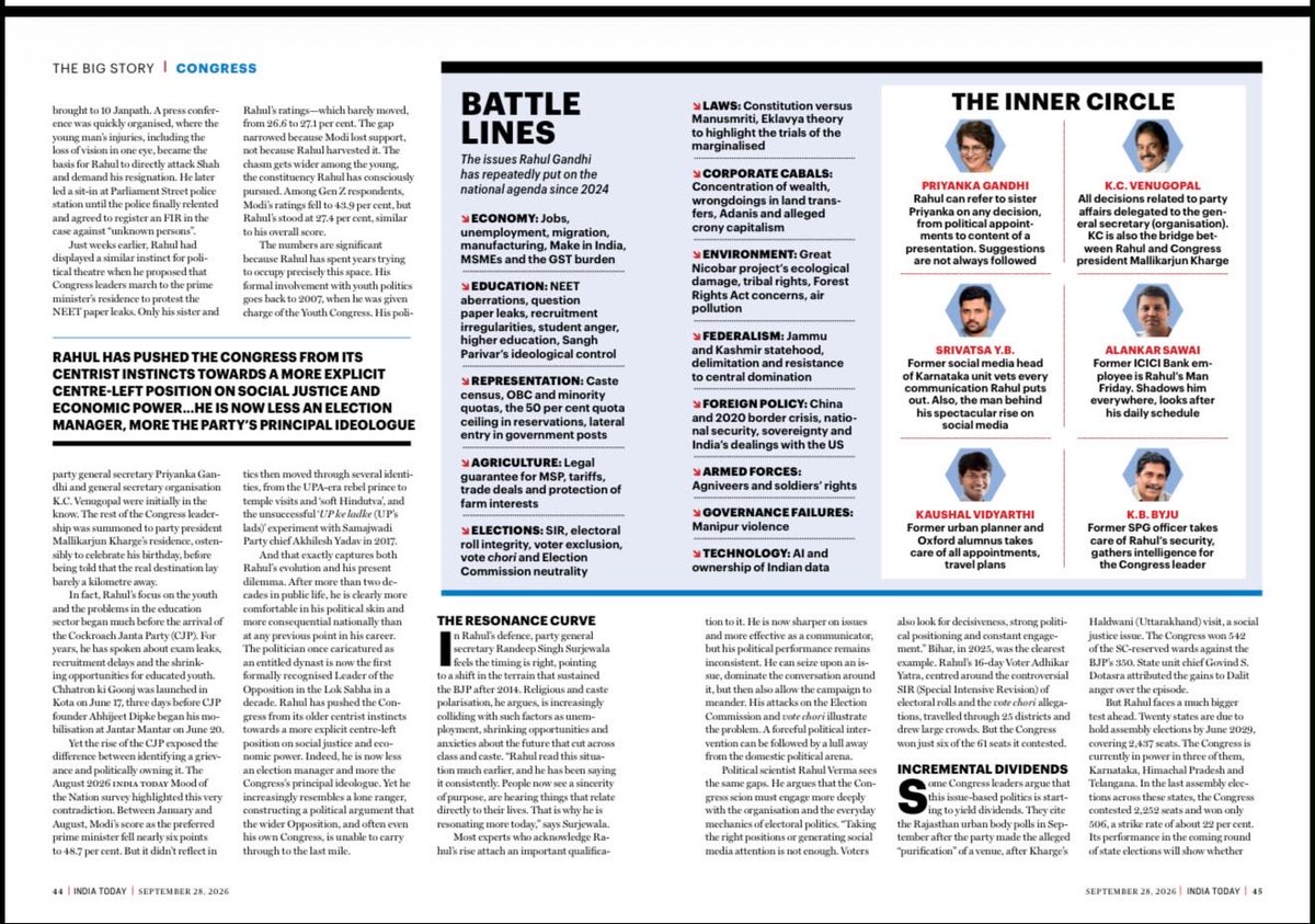 sardesairajdeep's tweet photo. Interesting story in India Today magazine : Rahul Gandhi taking up causes that are resonating but party lagging behind. Rahul UP, Cong party DOWN: why? @kaushikdeka story is a good read. https://t.co/u9YdpVQ04P