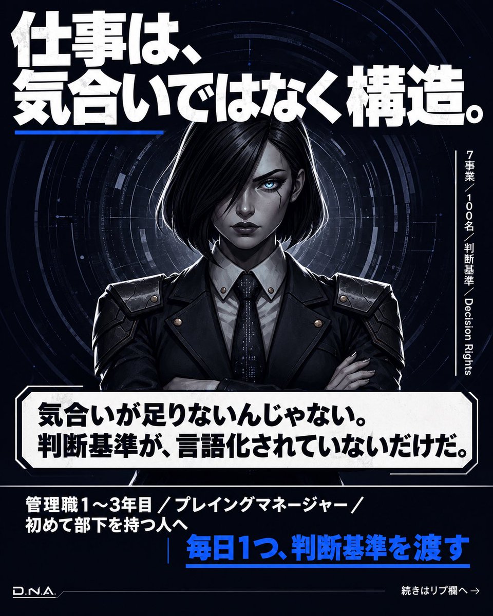 kabu_nare's tweet photo. 仕事は、気合いではなく構造。

7事業・100名の組織を横断して見てきた

うまくいかない現場の共通点は
いつも同じだった

気合いが足りないんじゃない
判断基準が言語化されていない

やる気がないんじゃない
決めていい範囲が渡されていない

このアカウントでやっているのは
その言語化だ

管理職1〜3年目
プレイングマネージャー
初めて部下を持つ人

に向けて、明日から使える判断基準を
毎日気づきを渡している

深く読みたい人向けの記事は
リプ欄に固定している

100名組織を束ねる管理職の現場から。