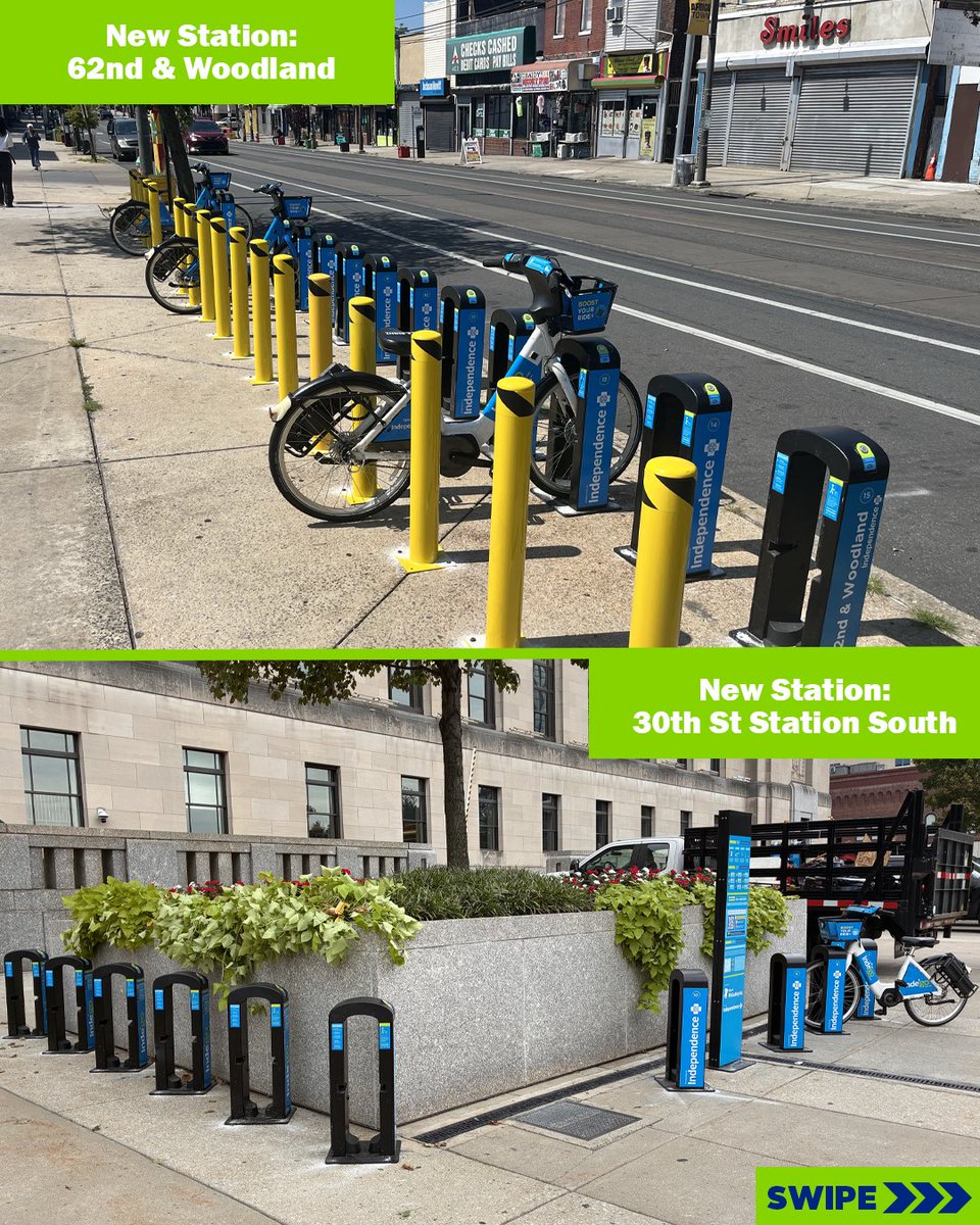 RideIndego's tweet photo. Fall is here, and with September almost over, here's a quick recap of our most recent station updates for the month. Highlights include the new 30th St. station and the new station at 62nd and Woodland, adding to our Southwest expansion! Let us know where you would like to see us next. 👇🚲