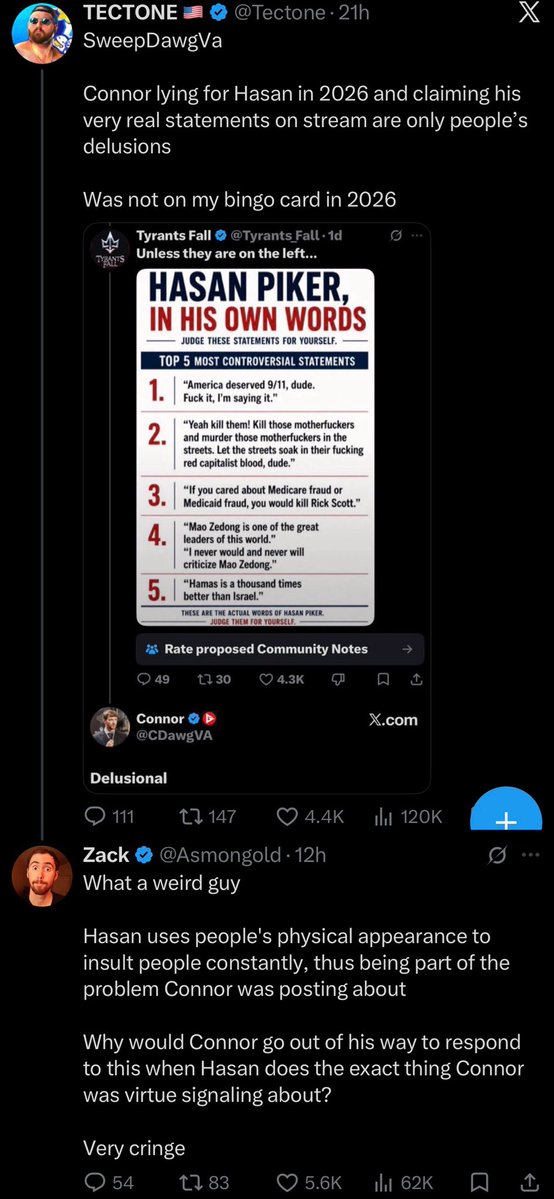 Awk20000's tweet photo. Tectone and Asmongold call out CDawgVA on the timeline after he responded to a Twitter user who randomly brought up Hasan https://t.co/AyFUUBZA0q