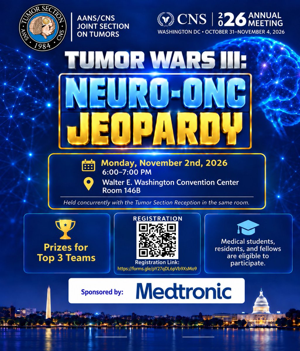 NSTumorSection's tweet photo. 🚨 TUMOR WARS III: Neuro-Onc Jeopardy 🧠⚡

The showdown returns! Med students, residents &amp; fellows will compete in a fast-paced neuro-onc Jeopardy battle.

👉 Register: https://t.co/btyukIz4nU https://t.co/tV5sG97skx