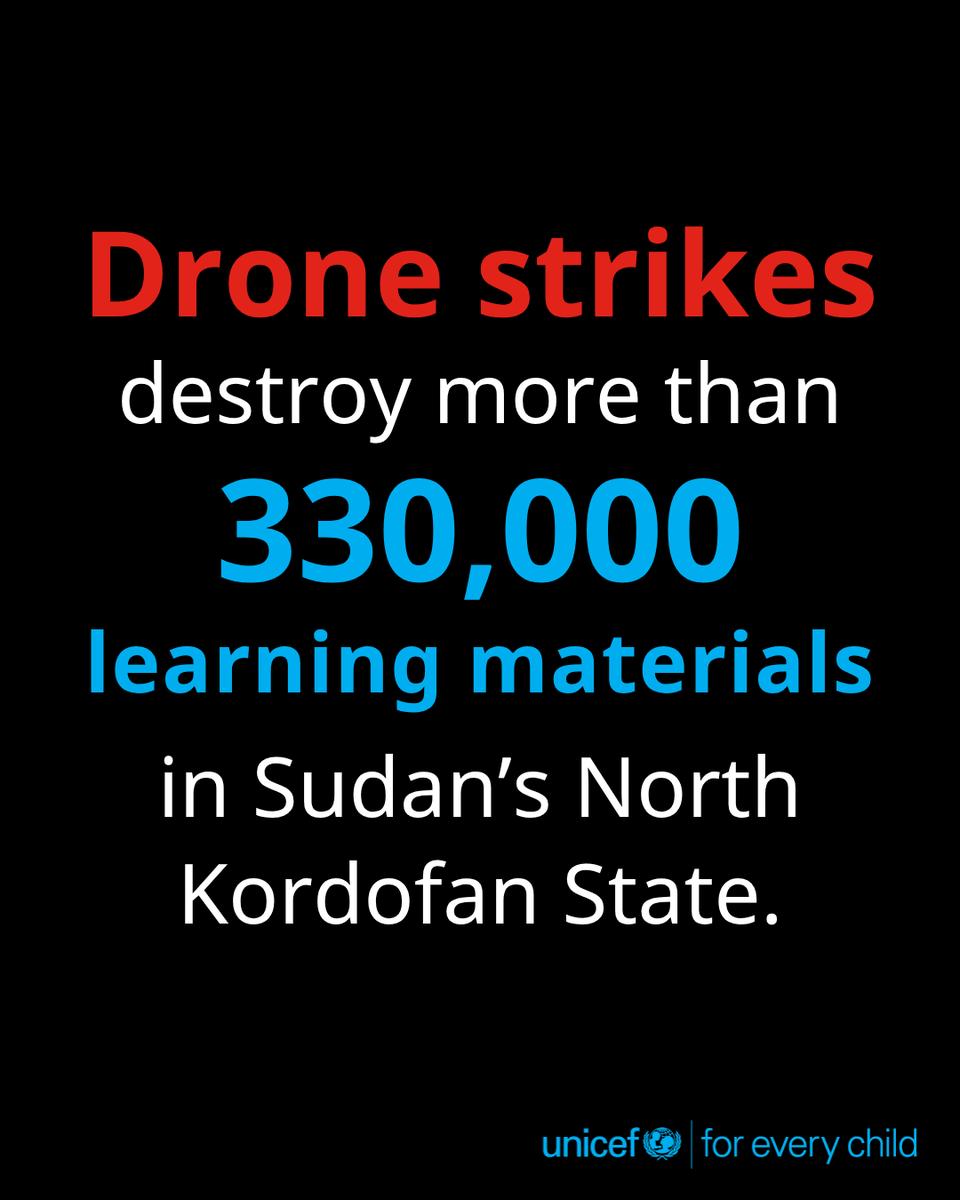 UNICEF's tweet photo. Drone strikes on two warehouses in Sudan, on 20 September destroyed over 292,000 school textbooks, 40,000 Arabic Language and Mathematics Review Books, and other learning materials intended for distribution to children. 

Education supplies and facilities must be safeguarded to ensure children can fulfill their right to education. 

Details: https://t.co/WAAGJT7TkH