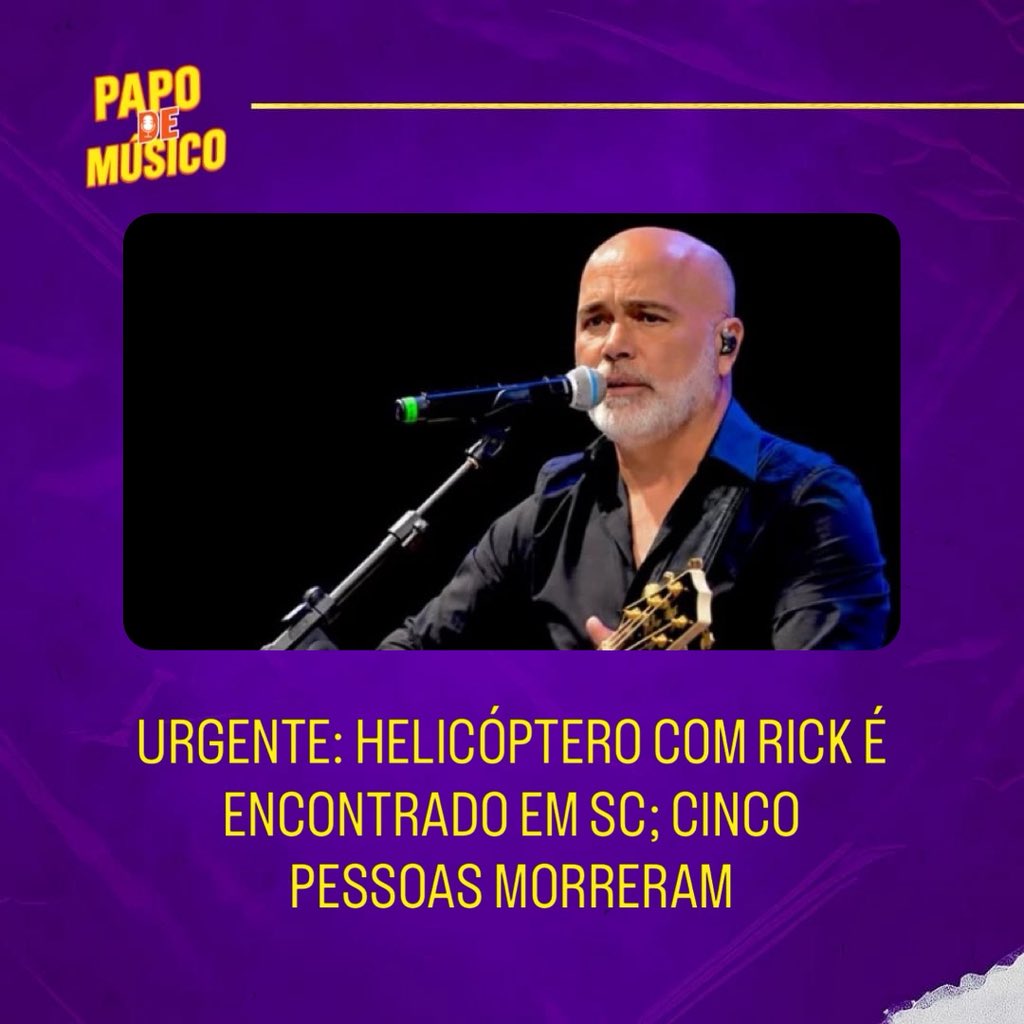 pdmpapodemusico's tweet photo. O helicóptero que transportava o cantor Rick, acaba de ser encontrado na Serra de Santa Catarina. As cinco pessoas a bordo morreram. Além do sertanejo, estavam o empresário Bruno Avelar, o videomaker Paulo Soares, o piloto e o copiloto.

#Rick #SantaCatarina #Noticias https://t.co/4kYEsC0knQ
