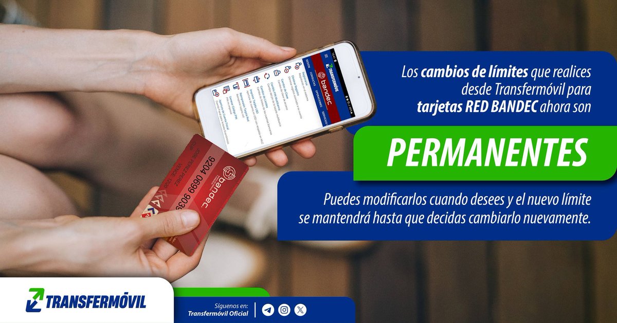 transfermovilcu's tweet photo. Si operas tu tarjeta RED Bandec en Transfermóvil, no te pierdas esta información. 👀💳

Los cambios de límites que realices desde la APK ahora son permanentes. 🔄 https://t.co/I5CAqfT7QQ
