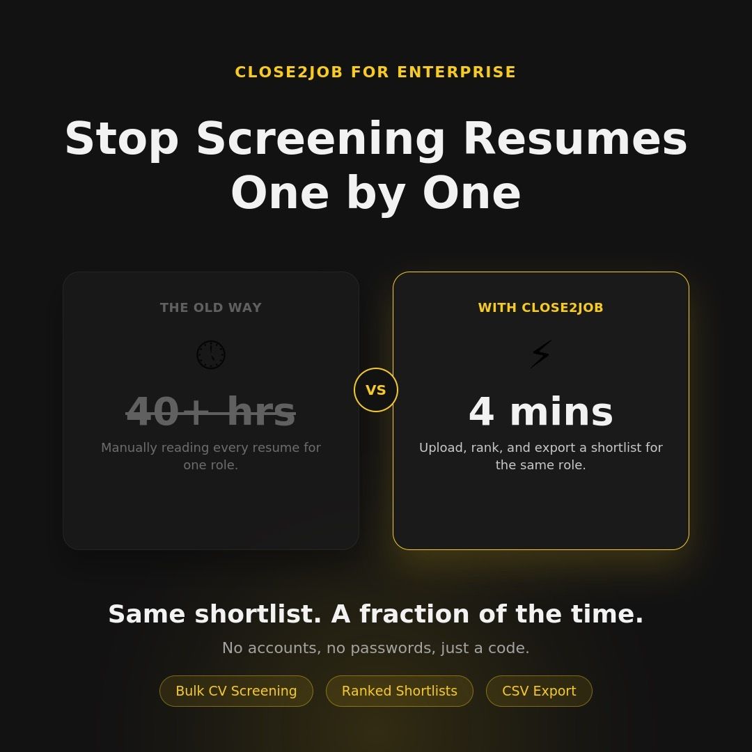close2job's tweet photo. Close2Job for Enterprise: instant access, no waiting.

Get your enterprise code within minutes and start screening candidates against your job description right away.

https://t.co/kzaylmxpN7

#HRTech #Recruiting #AI #SaaS https://t.co/zEhp0Q8iqS