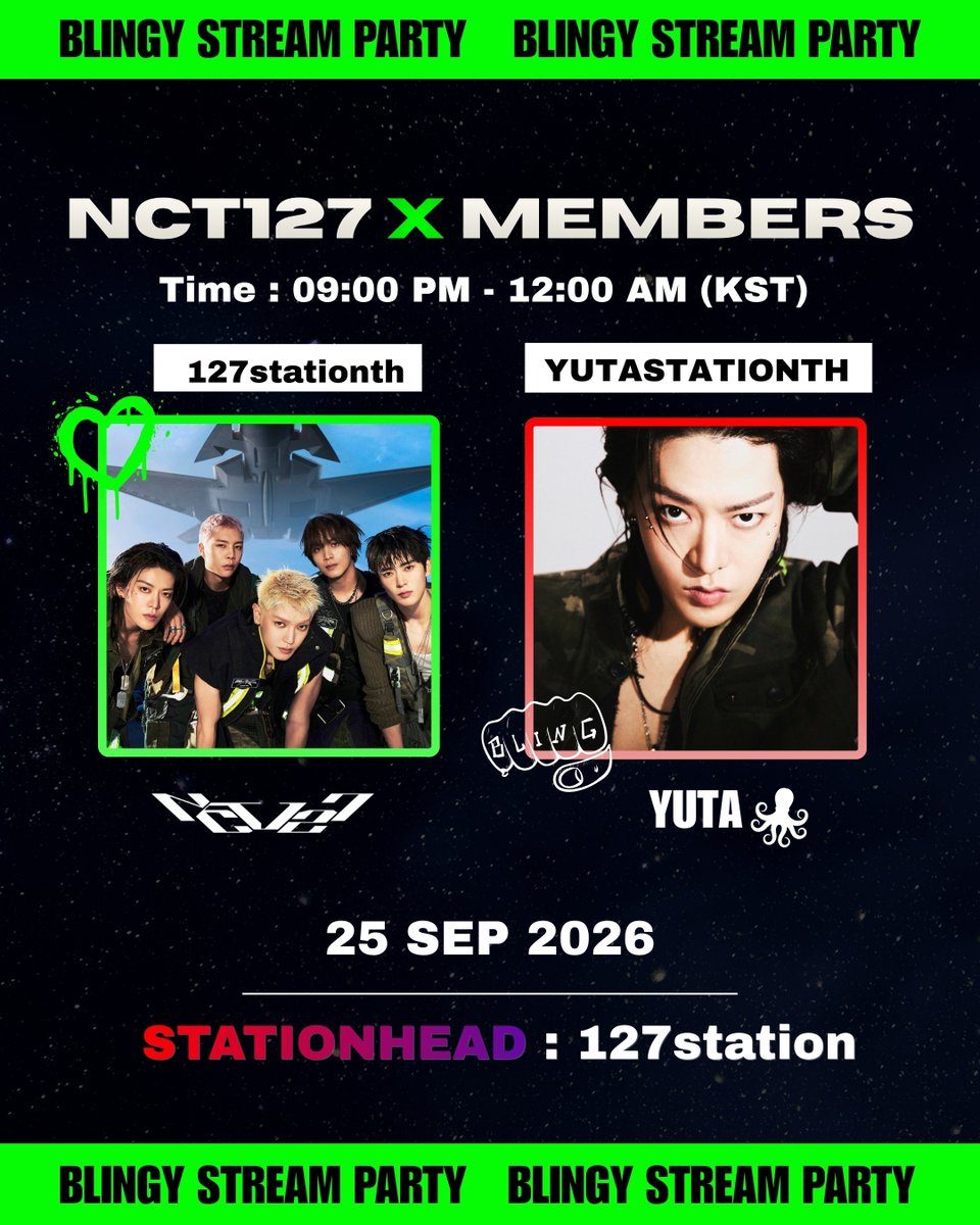 127stationth's tweet photo. ❤️‍🔥#BLINGY Streaming Party ❤️‍🔥 

#NCT127 💚 x #YUTA 🦋 

ขอชวนซีจือนี่และยูตะมิทุกท่าน มาร่วมปาร์ตี้สตรีม เพลง BLINGY และเพลง PLAYBACK ไปด้วยกันนะคะ 

🗓 25 Sep 2026
⏰️ 19:00–22:00 น.
Host @127stationth
Co-host @YUTAstationTH 
🔗https://t.co/ppUU45cuEY 

#เฉิดฉายสไตล์บลิงงี่ #นสจสมักม่วน
#YUTAMISTREAM #ยูตะมิสตรีม
#NCT127_BLINGY @NCTsmtown_127