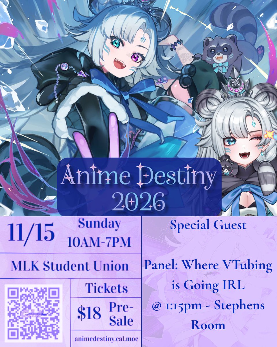 korioujo's tweet photo. ‼️CONVENTION + PANEL ANNOUNCEMENT‼️
 
Honored to be a guest at Anime Destiny this year! Come say hi 💜
 
🗓️Sun Nov 15
🎶Panel + Q&amp;A: 1:15pm PT
📍Berkeley, CA
 
Thanks so much for having me!! ✨ https://t.co/wqDBr6DBWN