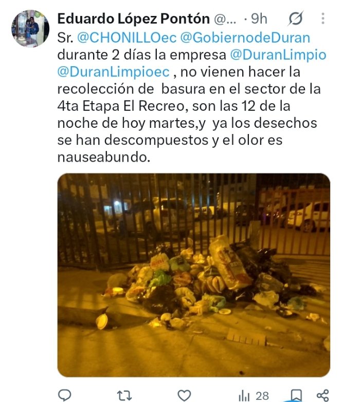 eduardopontoni's tweet photo. @DuranLimpio Por favor vengan a recoger la basura en la 4ta Etapa El Recreo, no han recogido desdé hace 2dias. https://t.co/RhexPxr7XQ