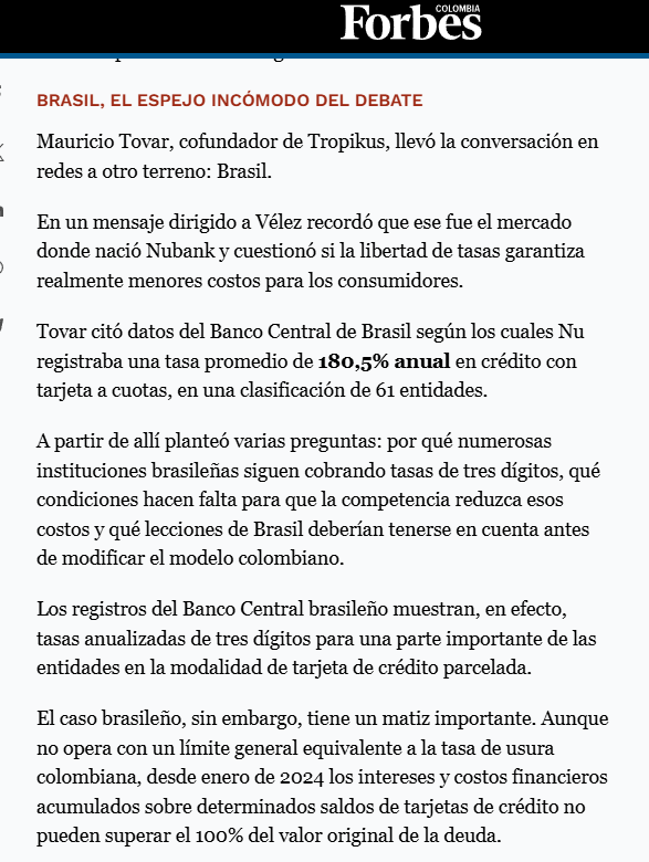 maurotov's tweet photo. Gracias a @ForbesColombia por recoger mis preguntas y análisis sobre Brasil en el debate sobre la eliminación de la tasa de usura que propone @velez_david, CEO de @nubank.

El artículo también recoge aportes de @SebastianNohra, @MaclaPosada, @matecastano y César Ferrari.

Yo creo que debemos llegar a que el mercado defina las tasas. Mi duda sigue siendo cómo hacerlo: ¿eliminar el tope de inmediato o avanzar mediante una transición mientras fortalecemos la competencia?

¿Cómo ampliar el acceso al crédito formal y mitigar el riesgo de que las personas terminen con préstamos que no puedan pagar?

Vale la pena seguir esta conversación con datos y distintas perspectivas. El objetivo es dar una respuesta efectiva al gota a gota y aportar información y análisis para que el país tome mejores decisiones.

En la primera respuesta dejo el enlace al artículo de Forbes 👇