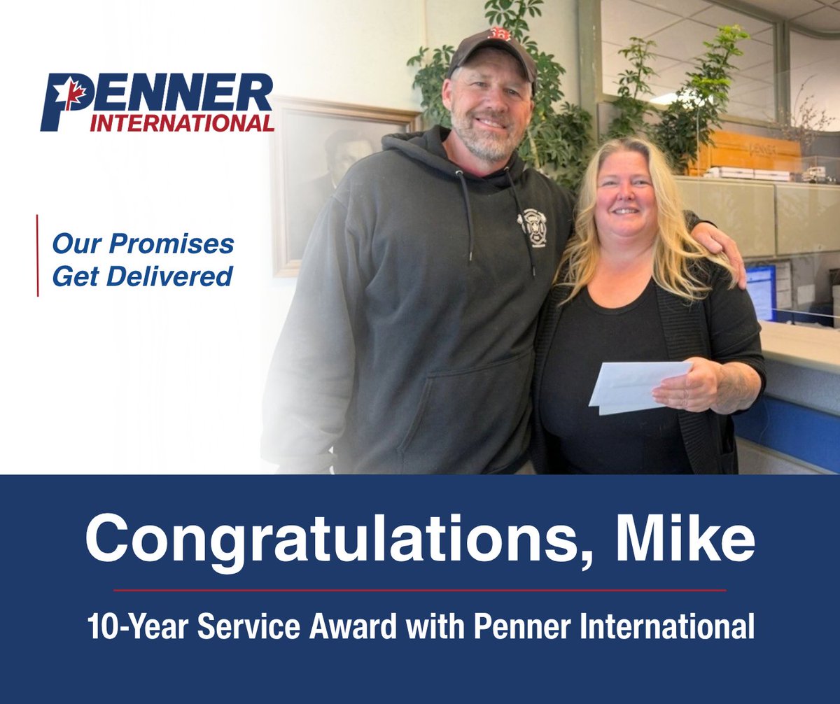 PennerInt's tweet photo. Sending a huge congratulations to Mike on his 10-year service award with Penner International! ✨
Thank you Mike, for the positive presence you bring to the Penner team over the past decade. 🎉

#PennerInternational #EmployeeRecognition #ourpromisesgetdelivered https://t.co/v0qDkmrDpd