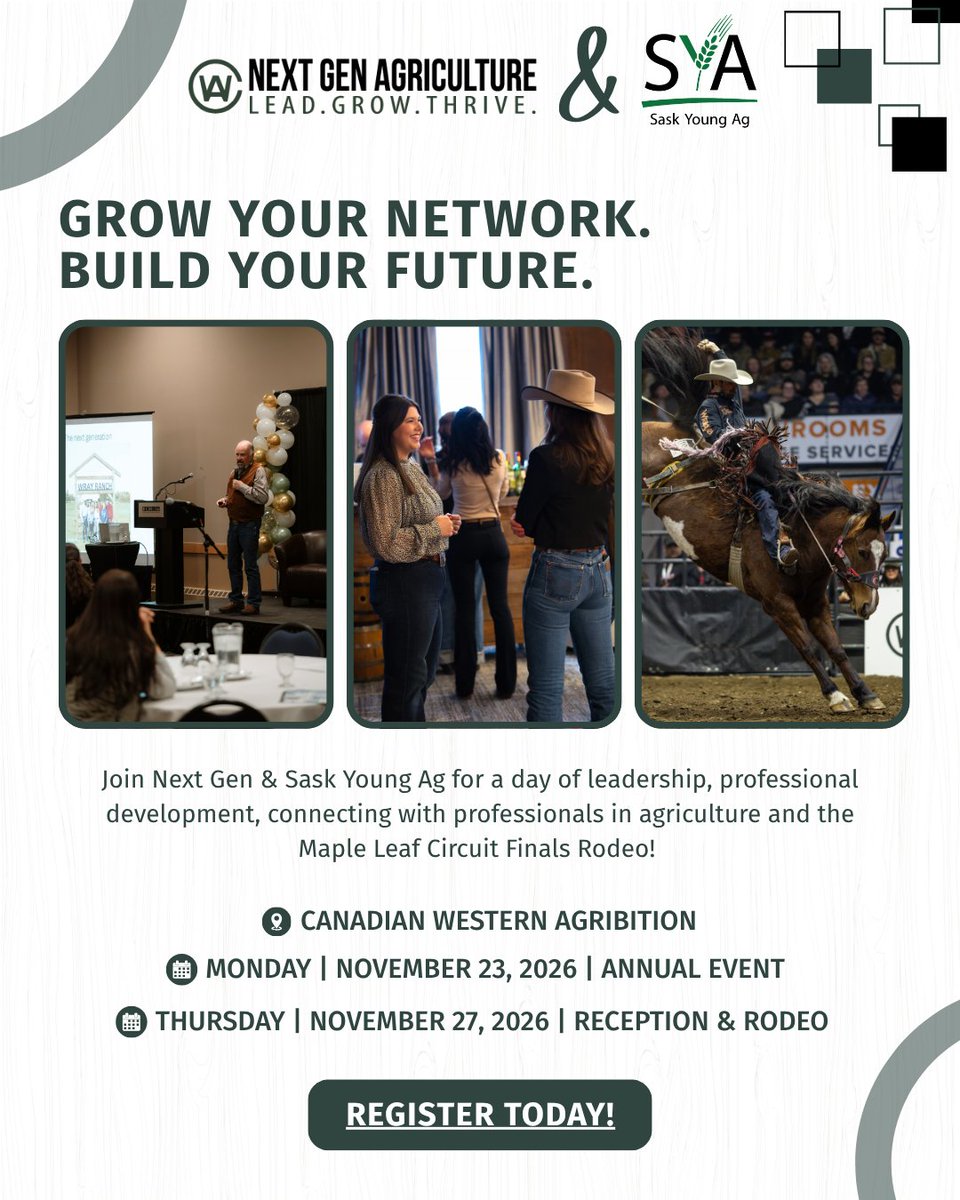 SaskYoungAg's tweet photo. Kick off your Agribition week with us!
Join Sask Young Ag & Next Gen Agriculture for a day of networking, leadership development, industry insights, and financial education.
Register today: https://t.co/0lrMvvtJzB
#SaskYoungAg #NextGenAg #Agribition #AgLeadership #FutureOfAg https://t.co/XPKaediUZb