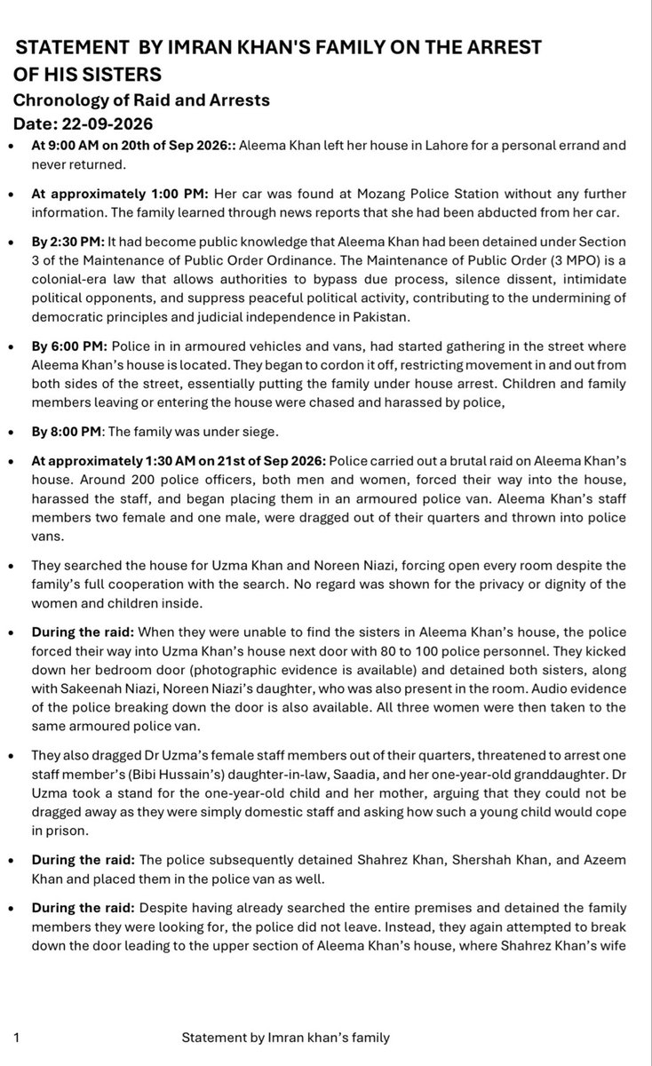 PTIofficial's tweet photo. Facts shared by Imran Khan’s family on the arrest of his sisters with chronology of events. 

#PakistanUnderFascism https://t.co/MBBKnFssf9