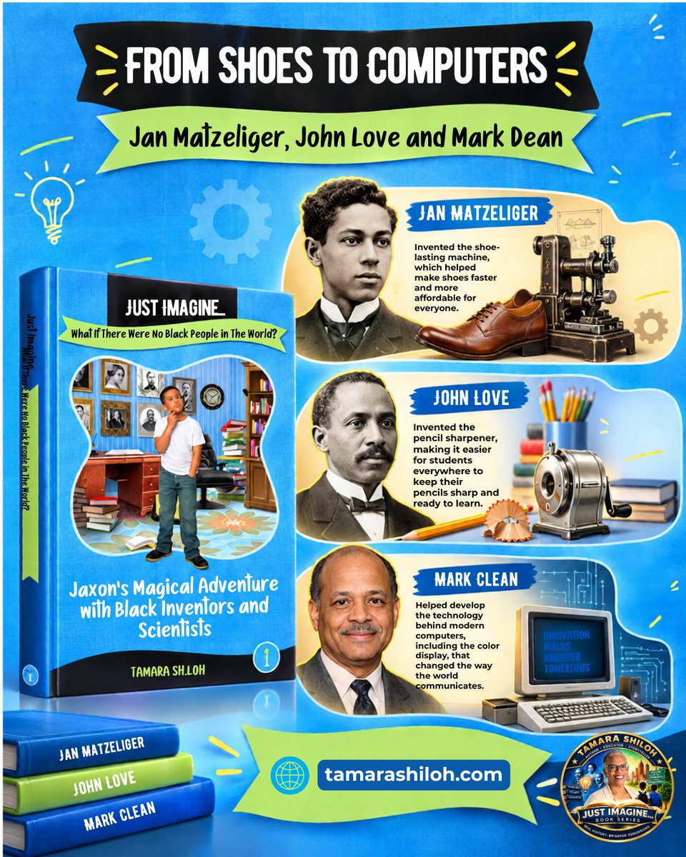 tamarashiloh's tweet photo. From a pencil sharpener to a computer history is hiding in everyday objects. 
In Jaxon’s adventure &amp; Black history. 
Which contribution surprised you most?
🌐 https://t.co/K99qxBvPBu

#JustImagine #BlackHistoryForKids #BlackInventors #TamaraShiloh https://t.co/yJAKE6dlv6