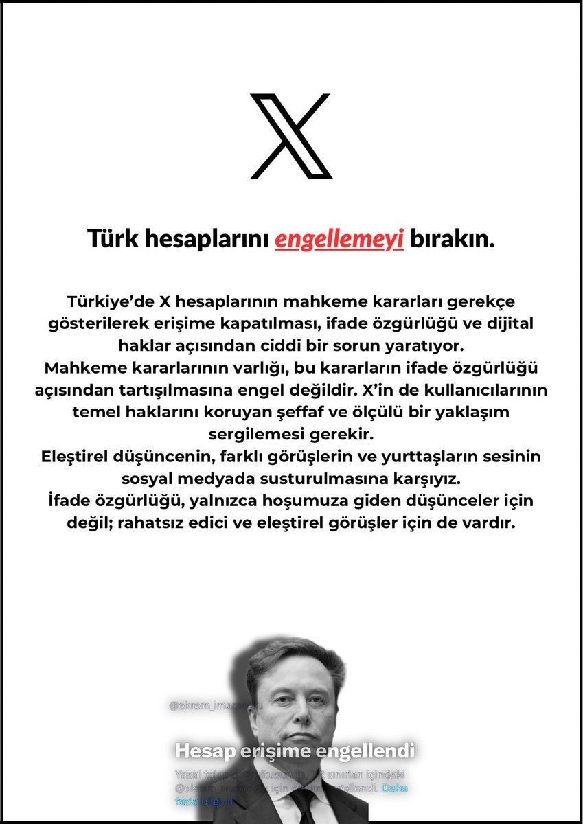 dailyyenii's tweet photo. Muhalif hesaplardan elinizi çekin. 

@X @XTurkiye 

#StopBlockingTurkishAccounts 

Elden ele yayalım, sosyal medyada örgütlenelim. https://t.co/VHqBk6TpCw