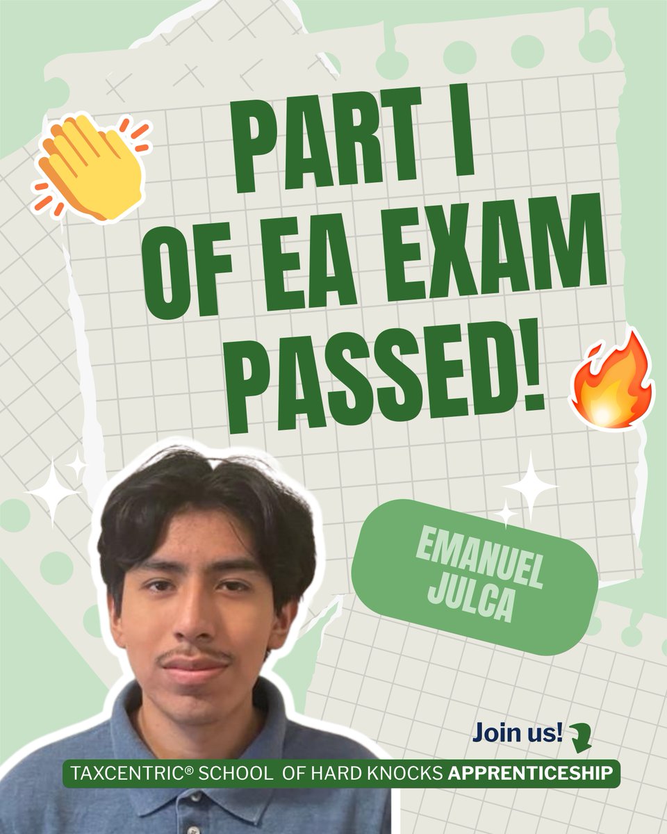 TaxCentricTM's tweet photo. 🎉 Another EA exam win!

Huge congratulations to TaxCentric® apprentice Emanuel Julca on passing Part I of the EA exam. 👏🔥

One exam down and one big step closer to becoming an Enrolled Agent.

Keep going, Emanuel! 💪

Learn more: https://t.co/Kmrc4UWyaG https://t.co/EskFMVV2UG