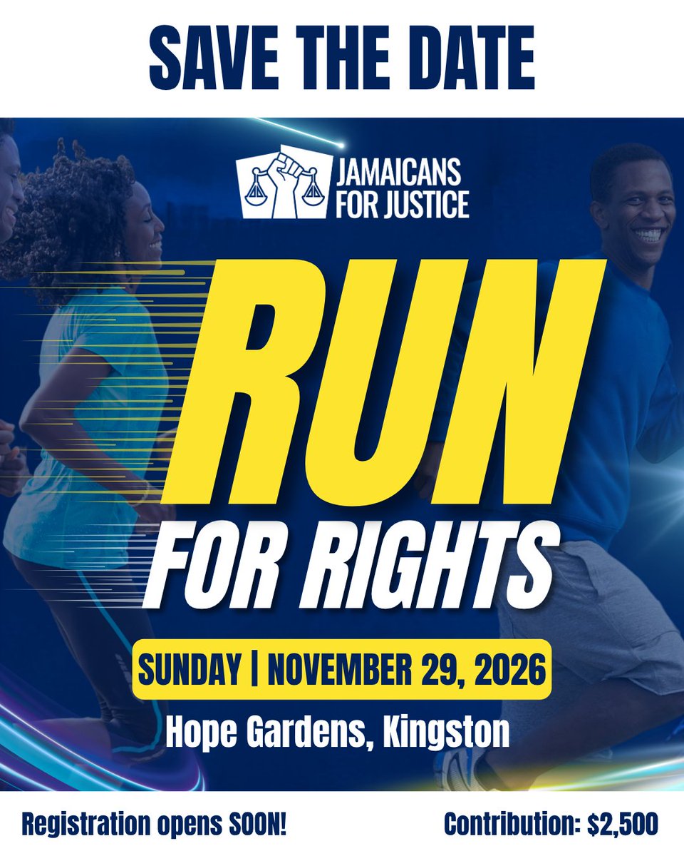 JAForJustice's tweet photo. Save the date: JFJ’s Run for Rights 5K | Sunday, November 29, Hope Gardens, Kingston.
Registration opens soon. Follow along and tag who you'd run, walk, or wheel with. #RunForRights #JFJ https://t.co/SH4TN3sEXP