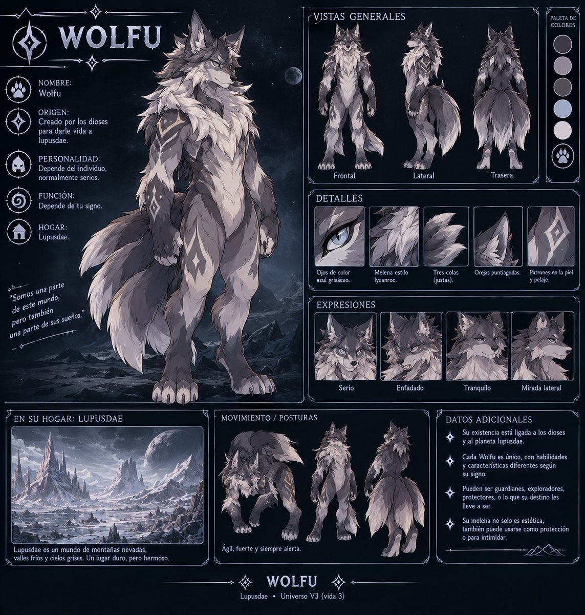 Universozyx's tweet photo. Nombre: Wolfu 
Origen: creado por los dioses para darle vida a lupusdae 
Personalidad: depende del individuo, normalmente serios 
Función: depende de tu signo
Hogar: lupusdae

#zyx #lore https://t.co/6IpIrx2Zh6