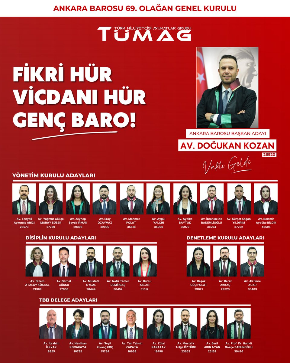 avukatmuysal's tweet photo. Ankara Barosu 69. Olağan Genel Kurulu’nda, TÜMAG listesinde Disiplin Kurulu adayıyım.

Hukukun üstünlüğünü ve mesleğimizin onurunu savunan; Cumhuriyetine bağlı, vatanına ve milletine karşı sorumluluğunun bilincinde bir baro için sorumluluk almaya talibiz.

Fikri hür, vicdanı hür, genç baro!
Vakti geldi! 🇹🇷

@tumag1923 @avdogukankozann