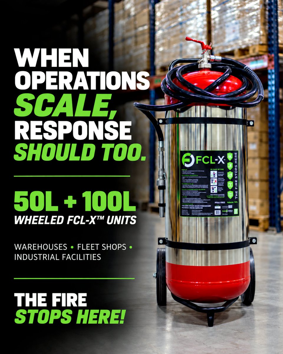 FCLXFireSafety's tweet photo. More batteries. More chargers. More ground to cover.

FCL-X™ 50L and 100L wheeled extinguishers bring larger-capacity, mobile lithium-ion fire response to warehouses, fleet shops, charging zones and industrial facilities.

THE FIRE STOPS HERE!™

#FCLX #FireSafety https://t.co/nGihiPPhGw