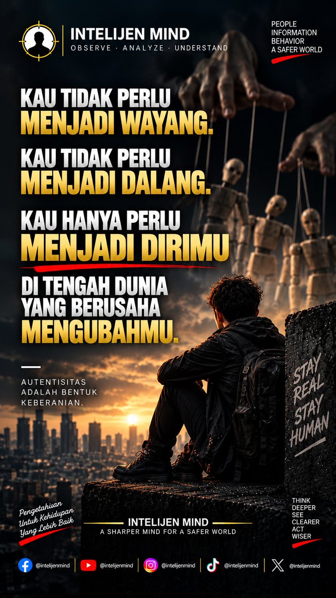 Intelijen_Mind's tweet photo. Jangan hidup hanya sebagai karakter dalam cerita orang lain. Kau tidak harus menjadi wayang yang mengikuti setiap tali. Kau juga tidak harus menjadi dalang yang mengendalikan semuanya. Cukup menjadi dirimu sendiri #IntelijenMind #SelfAwareness #Mindset #Integritas #JadilahDirimu https://t.co/8E6Hj3qYpG