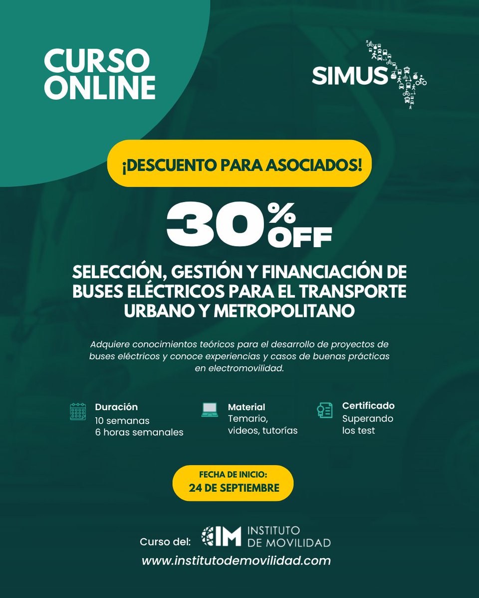 Red_SIMUS's tweet photo. ¿Qué aprenderás? Adquirirás conocimientos teóricos y prácticos para el desarrollo de proyectos de e-buses, análisis de costos, infraestructura de carga y las mejores experiencias y casos de éxito en electromovilidad.
Inscríbete con el código: SIMUS-IM-30 
 https://t.co/TH6xhl6UrQ https://t.co/oIiT6HsbaR