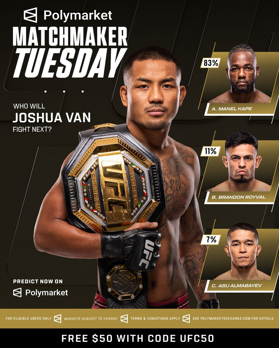 Who is next for @​JoshuaVanBT ?  

Get $50 when you download the Polymarket app and use code “UFC50” at <https://t.co/Pu65ZJfmiu>

B2YB @​Polymarket 
 [📷](http