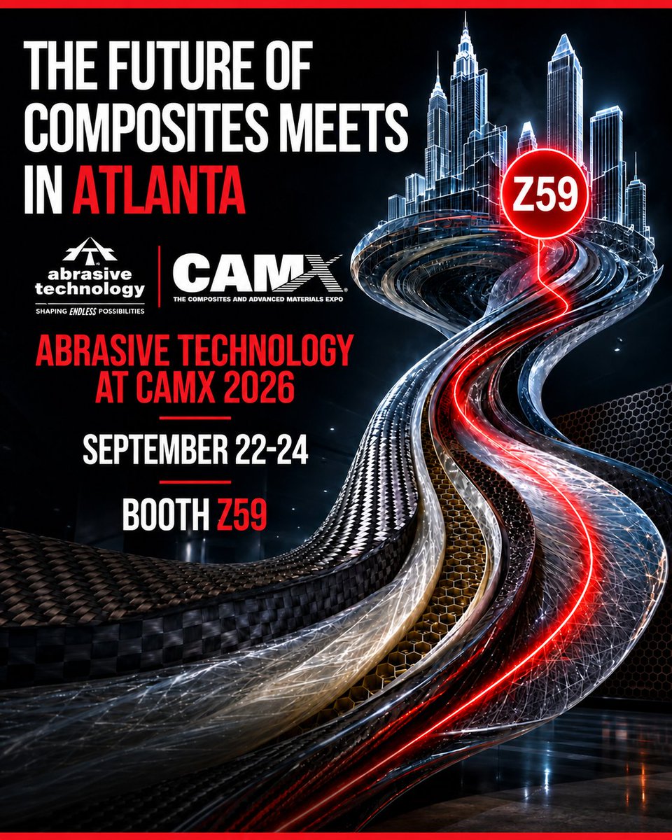 AbrasiveTech's tweet photo. The composites industry continues to push boundaries in Aerospace, Automotive, Defense, and other advanced manufacturing applications. And #CAMX is where it all comes together! π Explore our composite machining solutions at https://t.co/VD95iA2w9Q. #AbrasiveTechnology #CAMX2026 https://t.co/yuBXF3iZNw