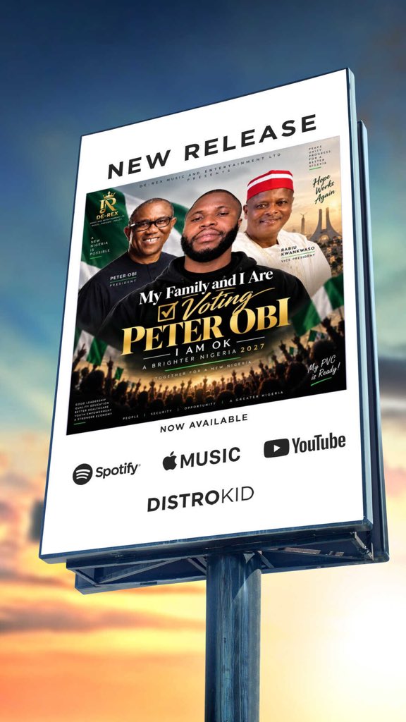 DeRexMusik's tweet photo. 🎶 THE SONG IS OUT NOW! 🎶

“My Family & I Are Voting Peter Obi” — De-Rex

The song is now available across major music platforms. 🎧🇳🇬

Listen, share, & let the music speak for itself.

De-Rex Music & Entertainment Ltd.
#DeRex #PeterObi #NewMusic #NigerianMusic #Afrobeats #Nigeria2027