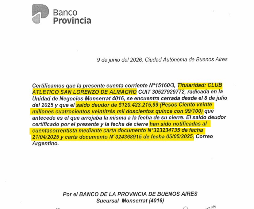 LeoBarros81's tweet photo. La vorágine de deudas en San Lorenzo no para. 
Ahora el Banco de la Provincia de Buenos Aires va a buscar cobrar un saldo deudor del club por mas de $120 millones. 
Ya llegaron Cartas Documento que, por supuesto, no tuvieron ningún efecto. 
Nueva notificación de demanda en breve. https://t.co/bJ7gYd8Cj1