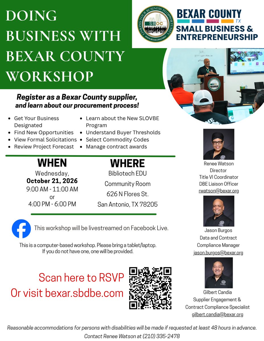 smwbe's tweet photo. Congratulations to those business owners who attended our “Doing Business with Bexar County” workshop and completed the first step in engaging in Bexar County’s procurement process!
#BexarCounty #SBED #SBOC #SLOVBE https://t.co/cCvXcYUrMD