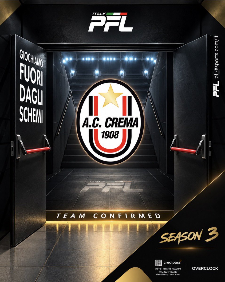 PFL_ITALIA's tweet photo. 𝑪𝑶𝑵𝑭𝑰𝑹𝑴𝑬𝑫 ✅

Siamo lieti di annunciare l'arrivo dei @ACCrema1908 per la season 3’ su #FC26.

Sponsor by:
#Credipass 
#overclock 

#PFLITALIA #season3 https://t.co/Oofx0AP20I