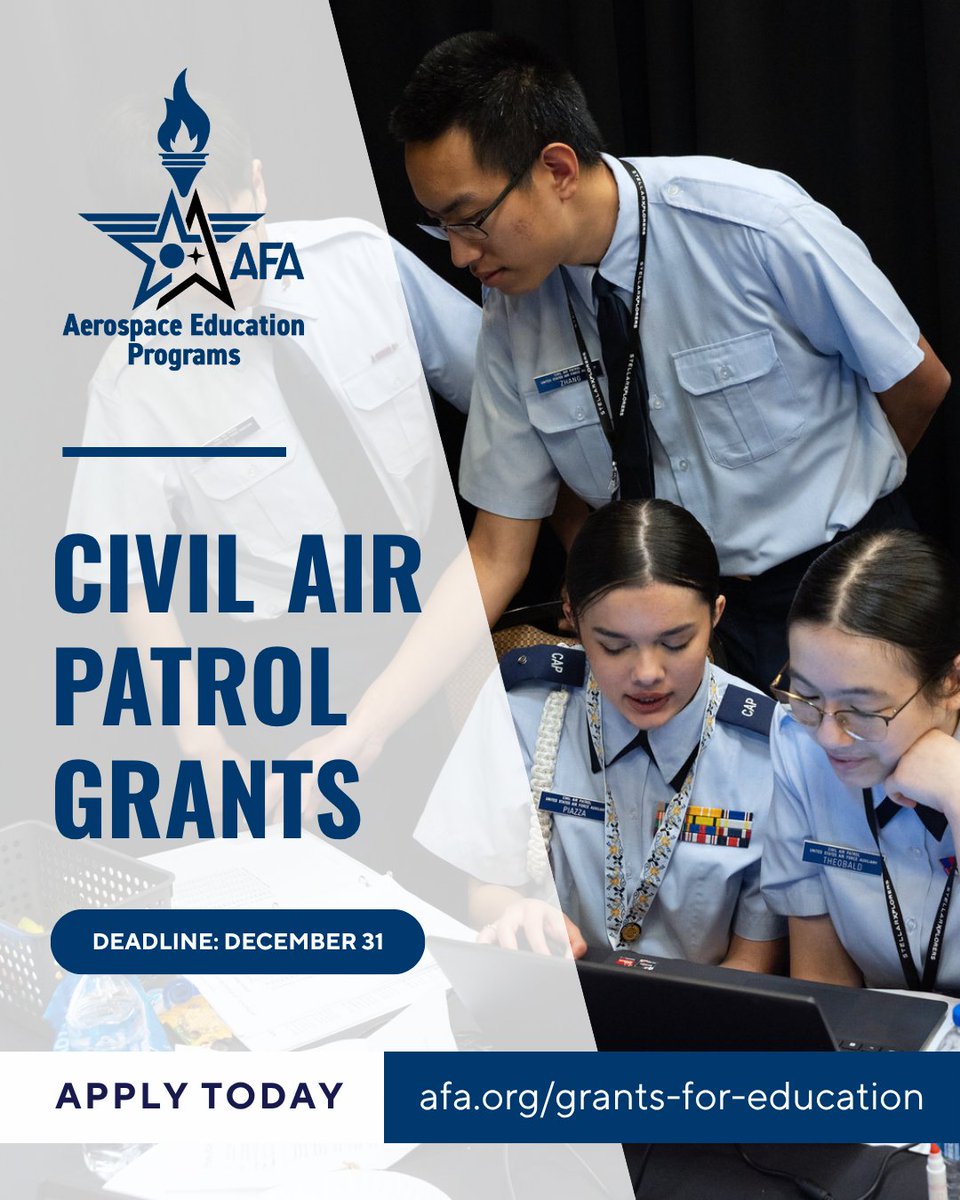 AFA_STLX's tweet photo. AFA is proud to offer $250 grants to Civil Air Patrol (CAP) units to advance aerospace education and STEM initiatives for cadets and in outreach initiatives. Learn more at https://t.co/rIGzb43xVj. https://t.co/60I4P8UFni
