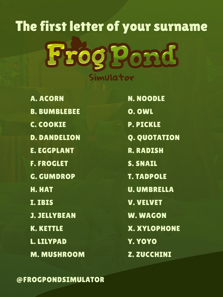 frogpondsim's tweet photo. We didn't take too much time for finding a name for our frogs, because we wanted YOU to name them... but what if you wanted to give yourself a silly froggy name?

Go ahead, try your luck and let us know in the comments!

#indiegame #cozygames #idlegame #frogs https://t.co/xmvHXhEx0a