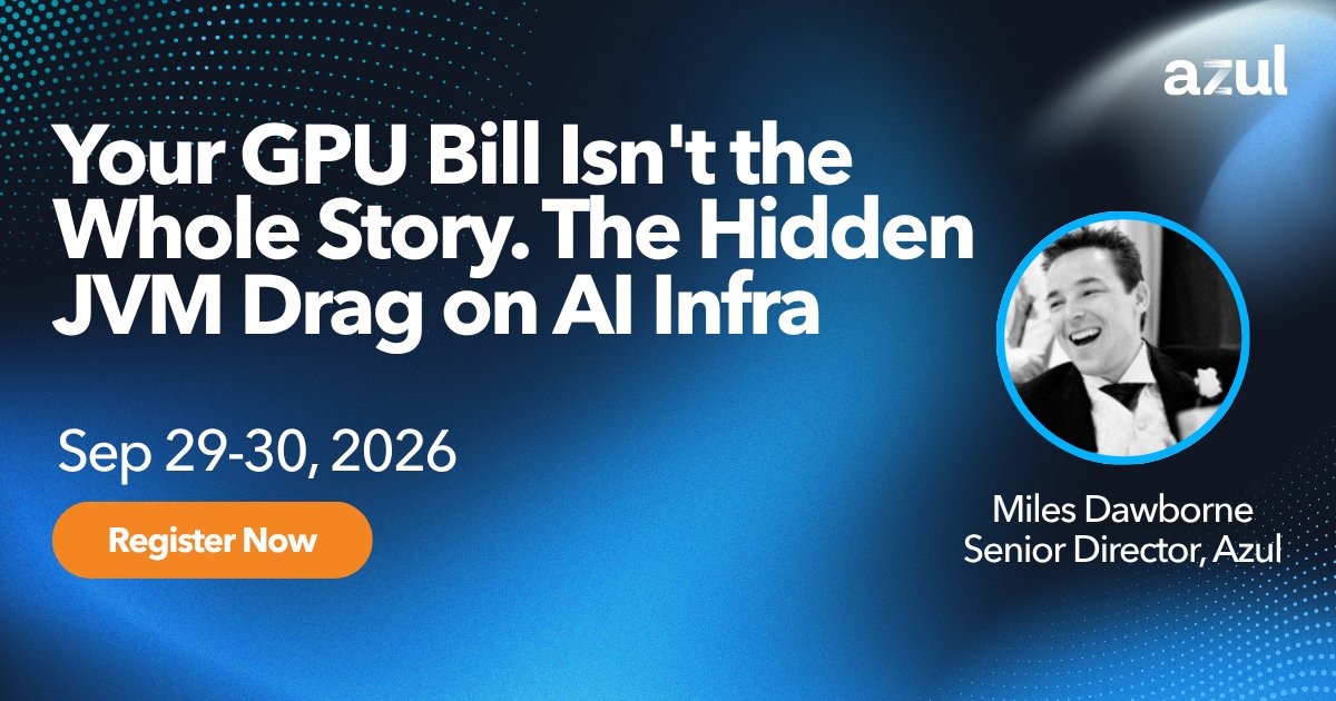 AzulSystems's tweet photo. One week away! We'll break down the three kinds of JVM drag hiding in your AI stack.

Sessions for NAM, EMEA + APAC:  https://t.co/aSnybj9scY

#Java #AIInfrastructure https://t.co/H2XnROQY2P