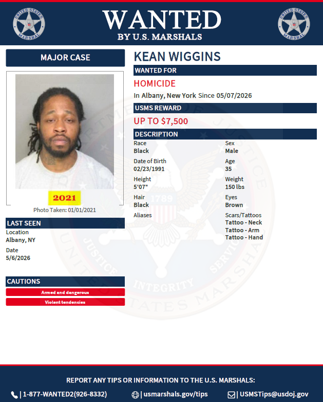 USMarshalsHQ's tweet photo. Kean Wiggins is wanted for homicide. Last seen in Albany, NY. To submit a tip about a fugitive, go to https://t.co/1cpkqrLAdl. 

#USMarshals #USMarshalsWanted https://t.co/kiPdXRdrlx