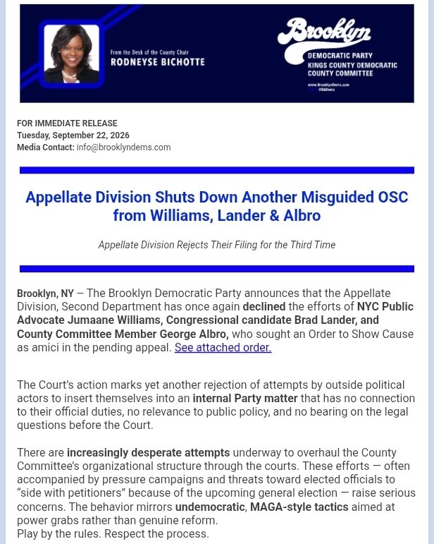 bkdems's tweet photo. The Appellate Division has again rejected the OSC filed by Jumaane Williams, Brad Lander, and George Albro. Another attempt to insert themselves into an internal Party matter shut down by the Court. The Court keeps saying NO!⤵️
https://t.co/idrNRGFYxf https://t.co/VQwvpdrkut