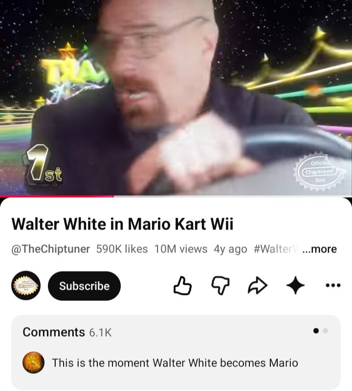 erikkamirs's tweet photo. @NevermoreNight_ I was wondering what it would look like if an adult show did have a fandom, and I was reminded of the Walter White in Mario Kart video https://t.co/YWSrRRmhe6