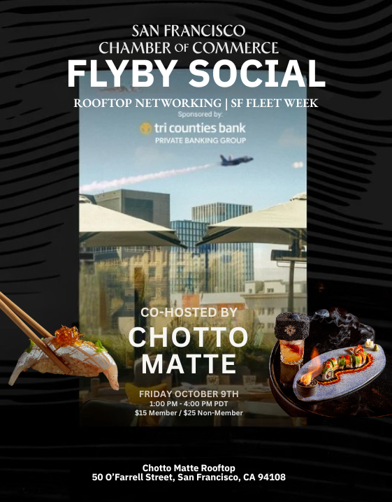 SF_Chamber's tweet photo. Join the SFCc on October 9th for Flyby Social: Fleet Week Rooftop Mixer, presented by @TriCountiesBank! Rooftop networking at Chotto Matte, Japanese-Peruvian bites, DJ music &amp; televised Fleet Week shows.

Register today and expand your network: https://t.co/se2NYhq8Vr https://t.co/8jPJom6GEX