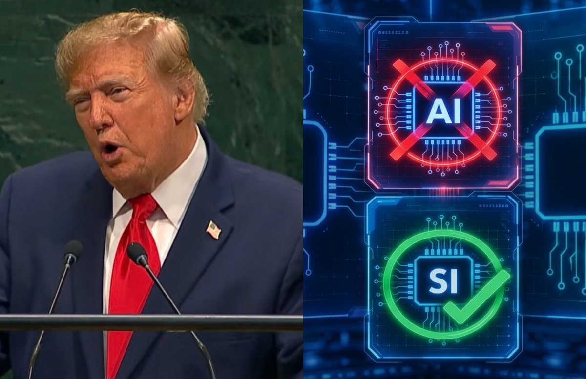 JosePuertaMx's tweet photo. 🚨🇺🇸 LO ÚLTIMO: El presidente Donald Trump anunció ante la ONU que está renombrando la IA como SI, de "Inteligencia Artificial" a "Super Inteligencia".

 Porque la palabra “artificial” la hace sonar falsa, y no lo es. Y anunció que los documentos de Estados Unidos pasarán a usar ese término.