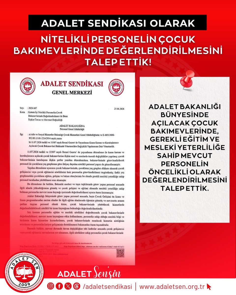 Adaletsen09's tweet photo. Adalet Bakanlığı bünyesinde açılacak çocuk bakımevlerinde, gerekli eğitim ve mesleki yeterliliğe sahip mevcut personelin öncelikli olarak değerlendirilmesini talep ettik. https://t.co/oT8j8HqzCy