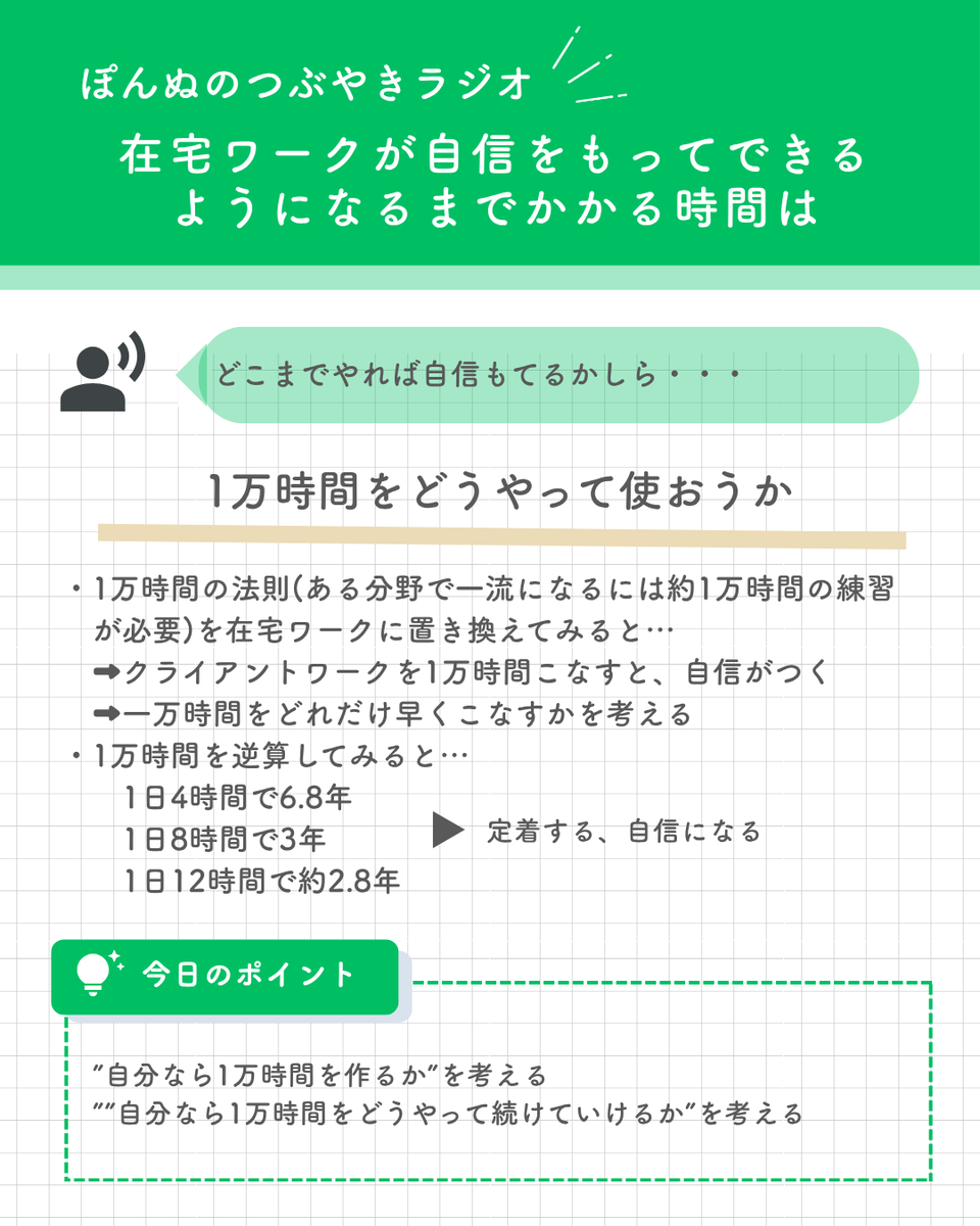 marigomari0110's tweet photo. 【ぽんぬのつぶやきラジオよりVOL.2】

1万時間と聞くと気が遠くなるし、
「本当にできるのか…」と不安になりがちだが

この正体は「本当に続けられるのか」かもしれない

続けられるかではなく、続けるのであれば
作業時間はもちろん、そのための体力気力も
管理していかなくちゃと思いました https://t.co/w97zd0I3Kd