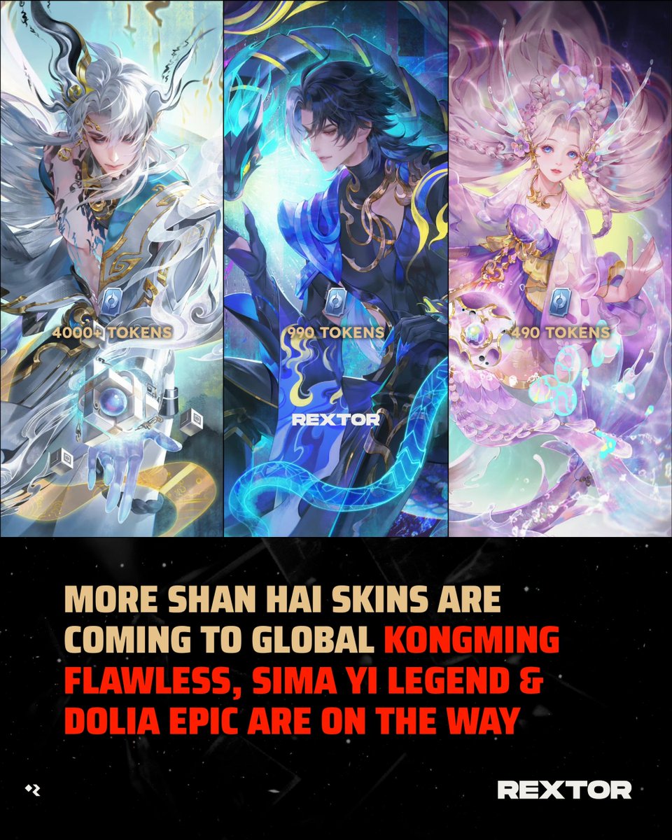 rextorext's tweet photo. You still have plenty of time to save for Shan Hai! Kongming Flawless, Sima Yi Legend, and Dolia Epic are coming to Global, and hopefully their prices will be affordable like they should be π
#HonorofKings #HoK #ShanHai #Rextor #HoKGlobal https://t.co/vAPJXu1hxC