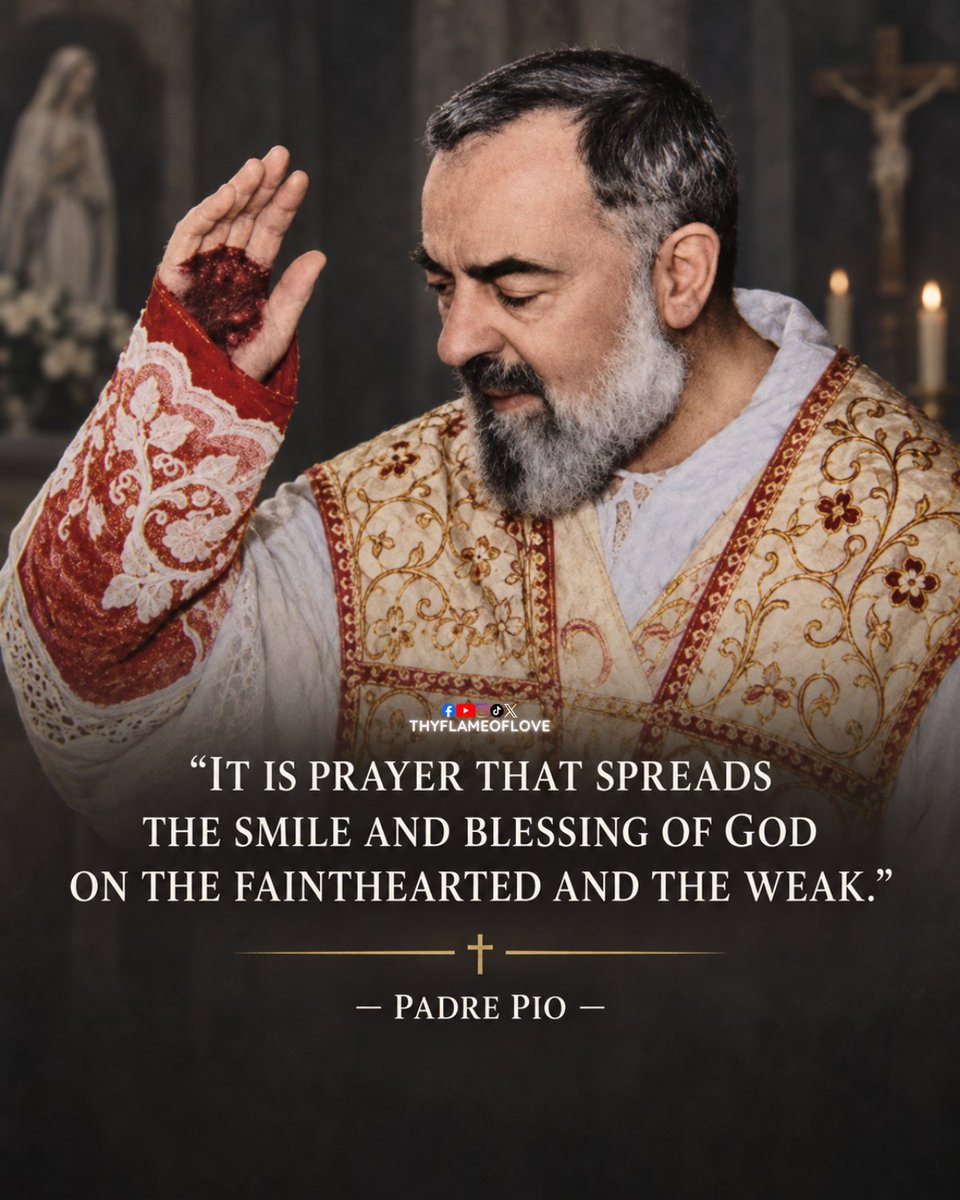 thyflameoflove's tweet photo. Don’t wait until you feel strong again to pray. Pray now. ⤵️

🙏 Padre Pio’s feast day is September 23.

Prayer does not always remove the problem right away. But it changes the way we carry it. It reminds us that we are not facing fear, weakness, grief, or discouragement alone. God is near, even when we cannot feel Him.

Scripture says, “The Lord is close to the brokenhearted” (Psalm 34:18). Prayer is one of the ways we turn toward that closeness.

St. Padre Pio said, “It is prayer that spreads the smile and blessing of God on the fainthearted and to the weak.”

That matters because weakness is not a reason to stop praying. It is often the exact moment we need prayer most. You do not need perfect words. You only need to turn your heart toward God and ask Him to stay with you.

When life gets heavy, do you run to God first, or only after everything else fails?

Someone carrying more than they admit may need this reminder today.