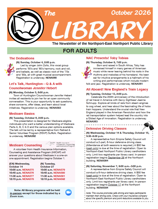 NENPL's tweet photo. Read our latest monthly newsletter for details on our services & upcoming events at the Library:
https://t.co/oVpTfnyF0z
#NENPL #Northport #NorthportNY #EastNorthport #FortSalonga #Asharoken #EatonsNeck #CowHarbor #HuntingtonNY https://t.co/8Kjb6v94d9