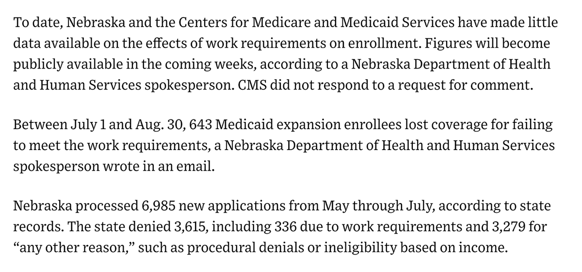 JoanAlker1's tweet photo. @bridget__early has scooped the 1st data I have seen on Nebraska Medicaid work reporting requirements and it is worse than I expected.

Incomplete data shows that 1,000 have explicitly lost/denied coverage and almost half of new applicants are not getting thru the red tape. https://t.co/m9a2EQN2vs