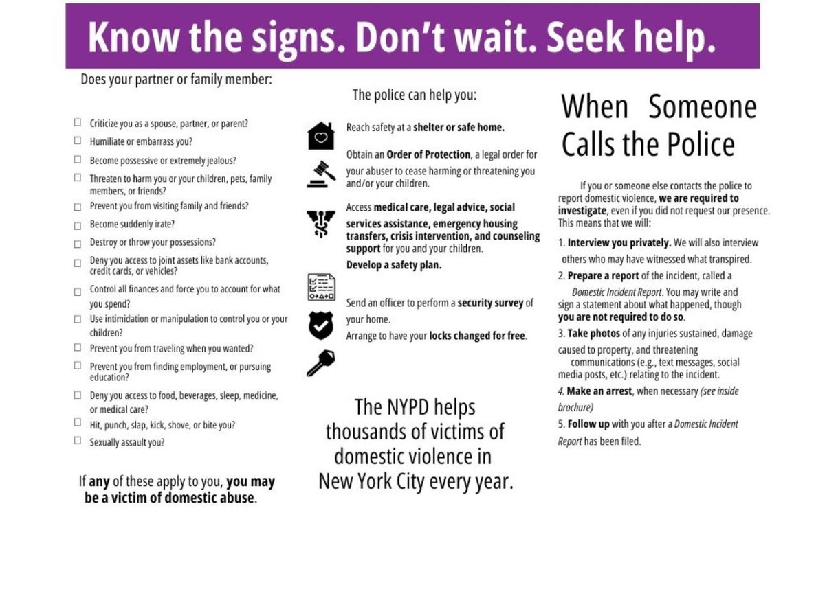 NYPD122Pct's tweet photo. Are you or do you know someone who may be the victim of domestic violence? The police can you help you.  If you have an emergency, please call 911.  Please read the flyer below for information. https://t.co/Z6WeO7wesI