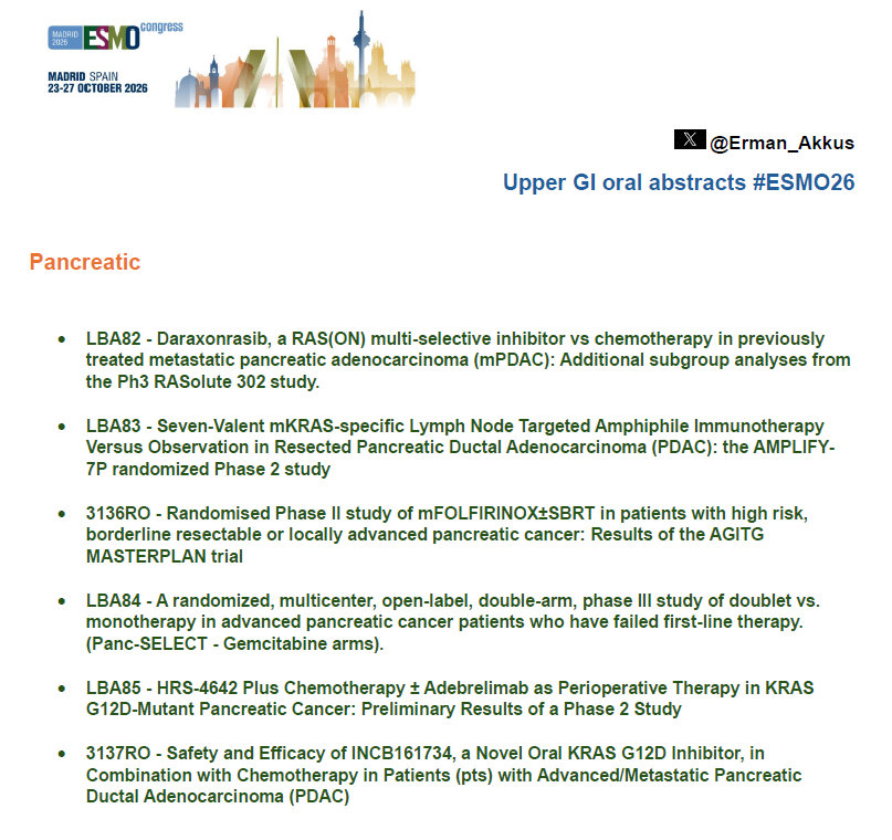 Erman_Akkus's tweet photo. 🚀Upper GI oral abstracts of #ESMO26 👇

✅Gastric/esophageal
✅Pancreatic
✅Hepatobiliary
✅NET/NEC

#cancer #oncology #MedX #GI #pancreatic #biliary #cholangiocarcinoma #liver #hepatocellular #gastric #esophageal #neuroendocrine @OncoAlert https://t.co/VF3ifn5SPD