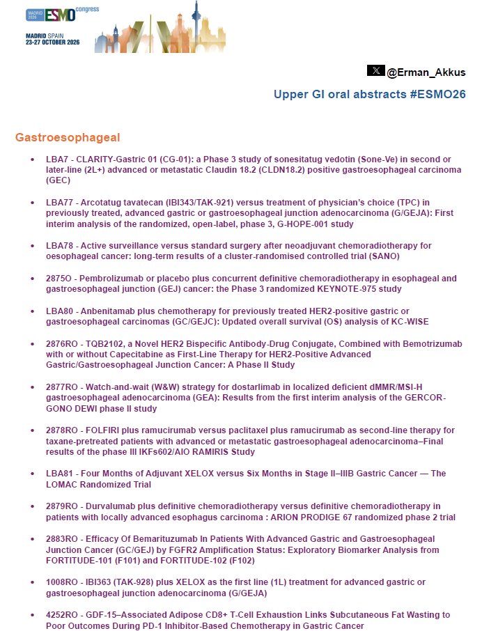 Erman_Akkus's tweet photo. 🚀Upper GI oral abstracts of #ESMO26 👇

✅Gastric/esophageal
✅Pancreatic
✅Hepatobiliary
✅NET/NEC

#cancer #oncology #MedX #GI #pancreatic #biliary #cholangiocarcinoma #liver #hepatocellular #gastric #esophageal #neuroendocrine @OncoAlert https://t.co/VF3ifn5SPD