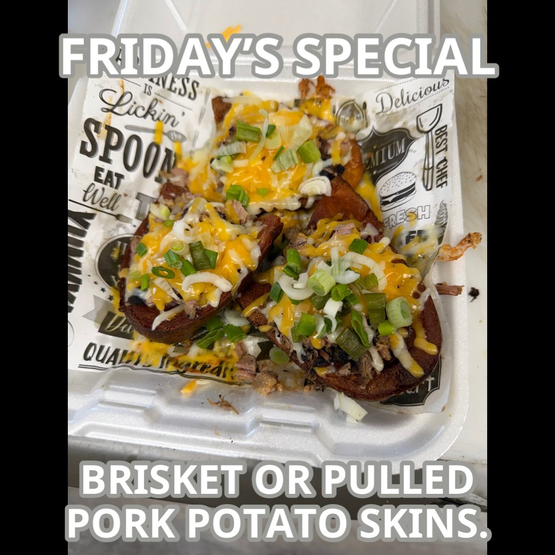 NinaTreola's tweet photo. Dig into our mouthwatering Friday special: brisket or pulled pork potato skins! Every bite is packed with smoky meat and cheesy goodness. Join us for the ultimate Friday treat! https://t.co/tcTjrp57UO